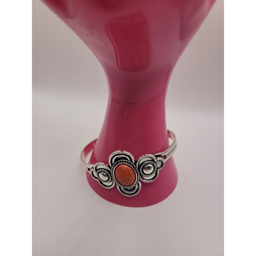 Silver Tone Orange Oval Cabochon Open Cuff Bracelet Ornate Rope Scroll Statement
